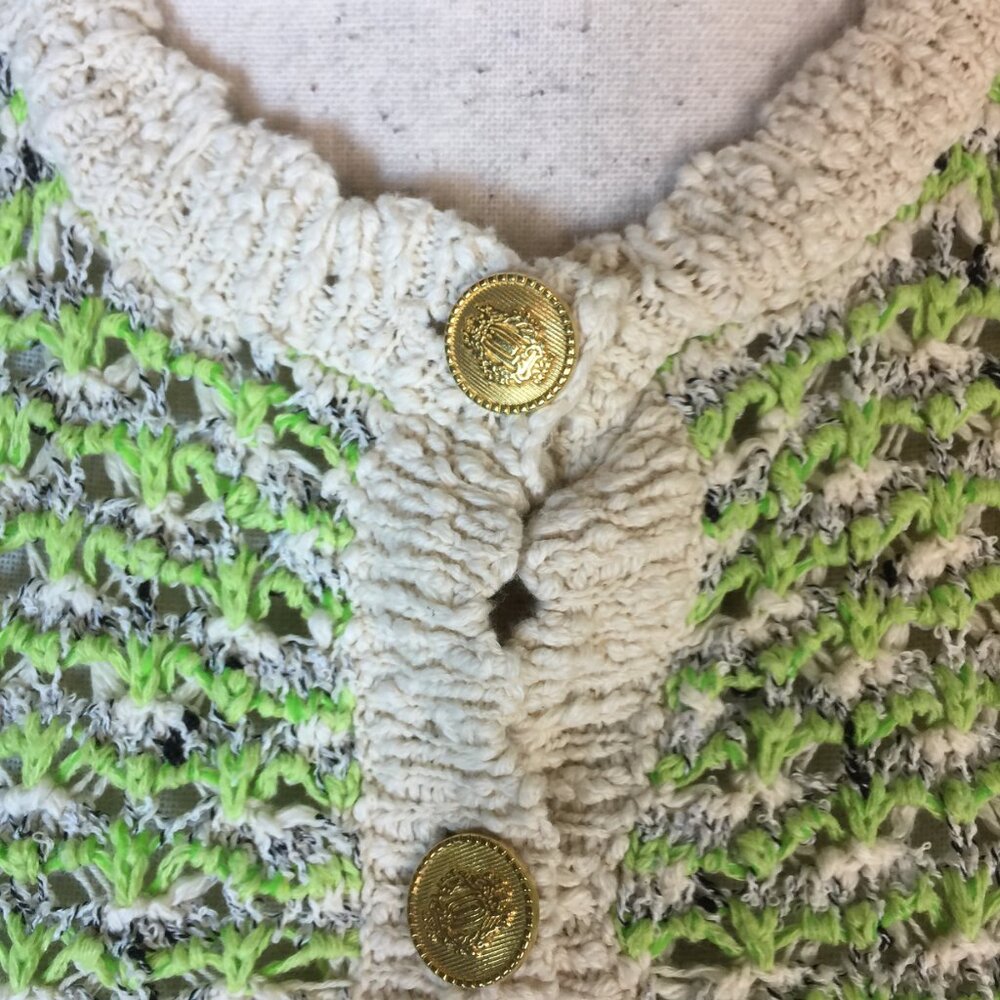 Zara Vest Sweater Size M Womans Green Cream Crochet Knit Gold Buttons Sleeveless - Picture 12 of 13